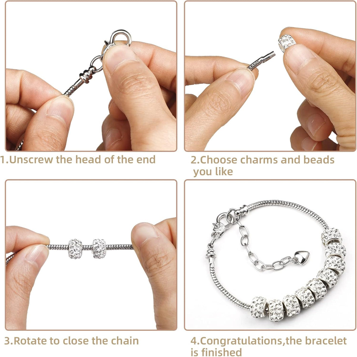 02 DIY Charm Bracelet 20Pcs Snake Charm Bracelets Plus 400PCS Large Hole Spacer Beads, Charm Bangle Bracelets Adjustable Friendship Snake Bracelet Chain