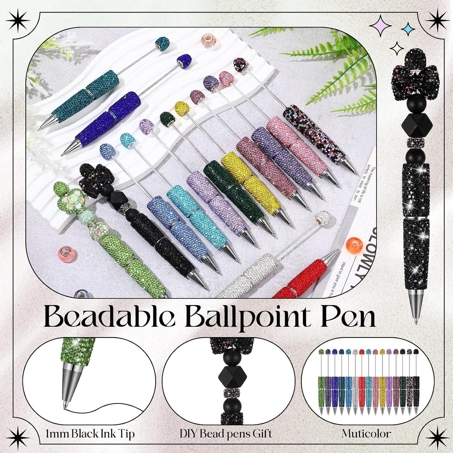 50pcs Rhinestone Beads Pens,color random mix, Diamond Ballpoint, for DIY Journaling,