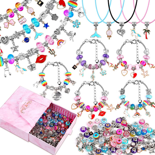 002DIY Charm Bracelet 150 Pieces Mixed-Style Jewelry Making Kit, Necklace Craft Set with Beads, Pendants and Chains for Creative Handmade