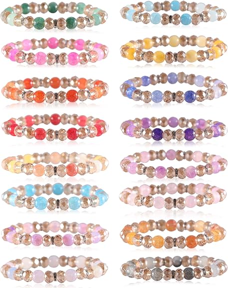16PCS Crystal Bracelet Beaded Bracelets for Women, Colorful Stackable Stretch Beads Bracelets