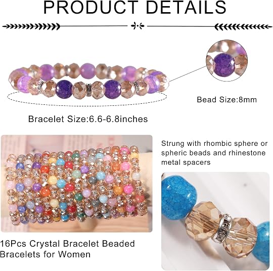 16PCS Crystal Bracelet Beaded Bracelets for Women, Colorful Stackable Stretch Beads Bracelets