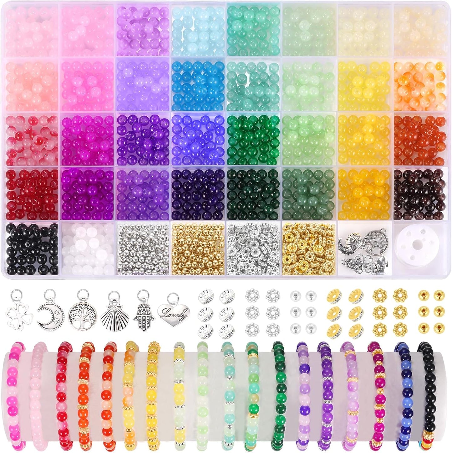 1368pcs 6mm Glass Beads for Bracelets Jewelry Making Supplies  34 Colors Crystal Round Glass Beads for DIY Earrings Necklace Crafts with Spacer Beads and Charms, Solid and Gradient Colors
