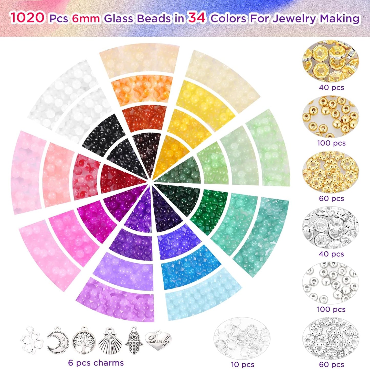 1368pcs 6mm Glass Beads for Bracelets Jewelry Making Supplies  34 Colors Crystal Round Glass Beads for DIY Earrings Necklace Crafts with Spacer Beads and Charms, Solid and Gradient Colors