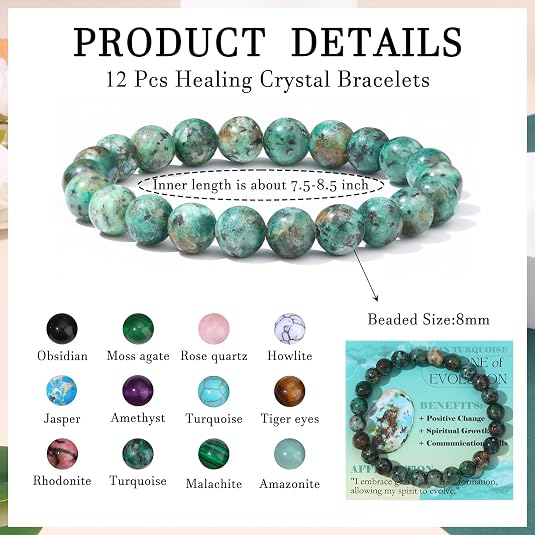 12pcs 8mm Gemstone Beaded Bracelets for Women Crystal Bracelets Round Beads