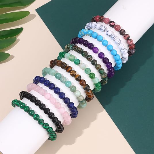 12pcs 8mm Gemstone Beaded Bracelets for Women Crystal Bracelets Round Beads