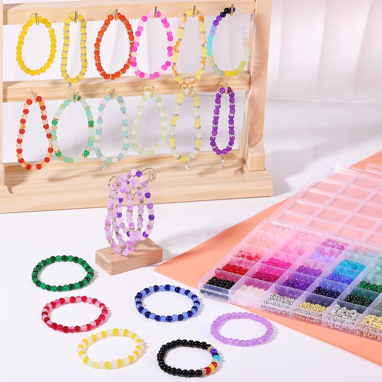 1368pcs 6mm Glass Beads for Bracelets Jewelry Making Supplies  34 Colors Crystal Round Glass Beads for DIY Earrings Necklace Crafts with Spacer Beads and Charms, Solid and Gradient Colors