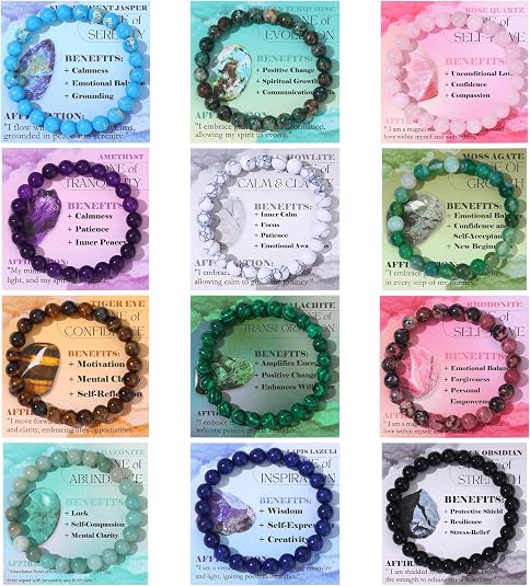 12pcs 8mm Gemstone Beaded Bracelets for Women Crystal Bracelets Round Beads