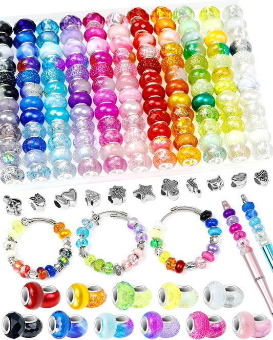 003big hole beads  230 pcs Large Hole Beads, 12 Colors Spacer Beads  5mm Hole Design, 11 Metal Charms, Assorted Decorative Designs, Organized Storage Case, Easy to Thread