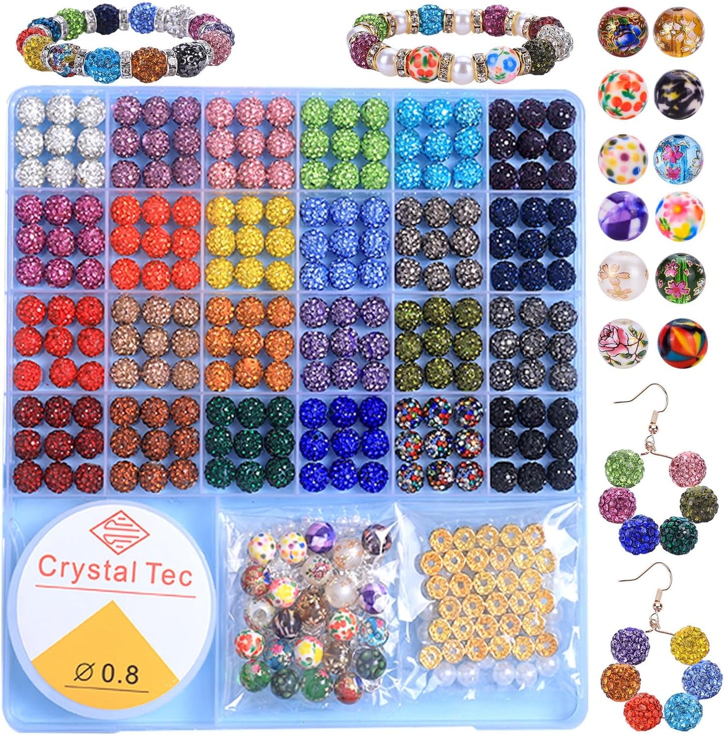 Beads Set, 590 PCS 10mm Round Mixed Color Rhinestone Clay Beads with Pearl and Floral Beads for DIY Bracelets, Necklaces(Fixed Mixed)