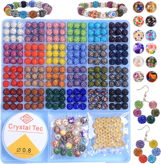 Beads Set, 590 PCS 10mm Round Mixed Color Rhinestone Clay Beads with Pearl and Floral Beads for DIY Bracelets, Necklaces(Fixed Mixed)