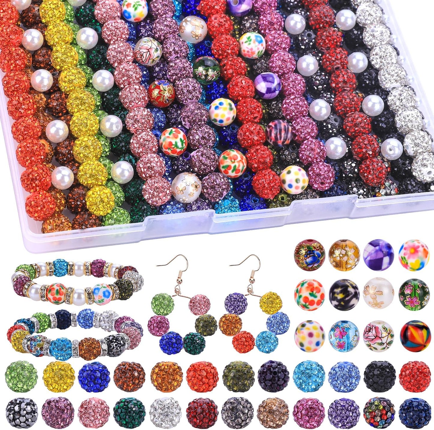 Beads Set, 590 PCS 10mm Round Mixed Color Rhinestone Clay Beads with Pearl and Floral Beads for DIY Bracelets, Necklaces(Fixed Mixed)
