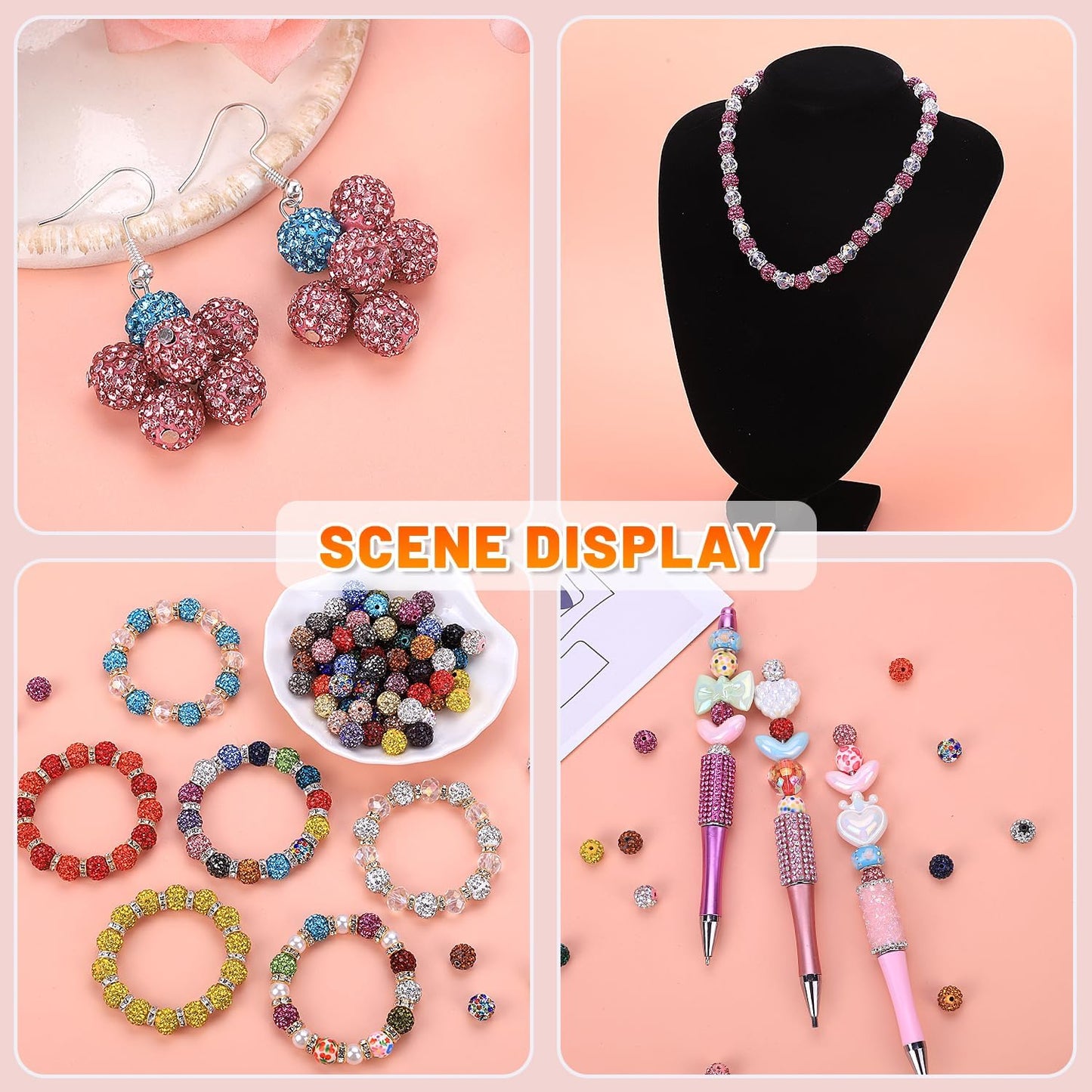 Beads Set, 590 PCS 10mm Round Mixed Color Rhinestone Clay Beads with Pearl and Floral Beads for DIY Bracelets, Necklaces(Fixed Mixed)