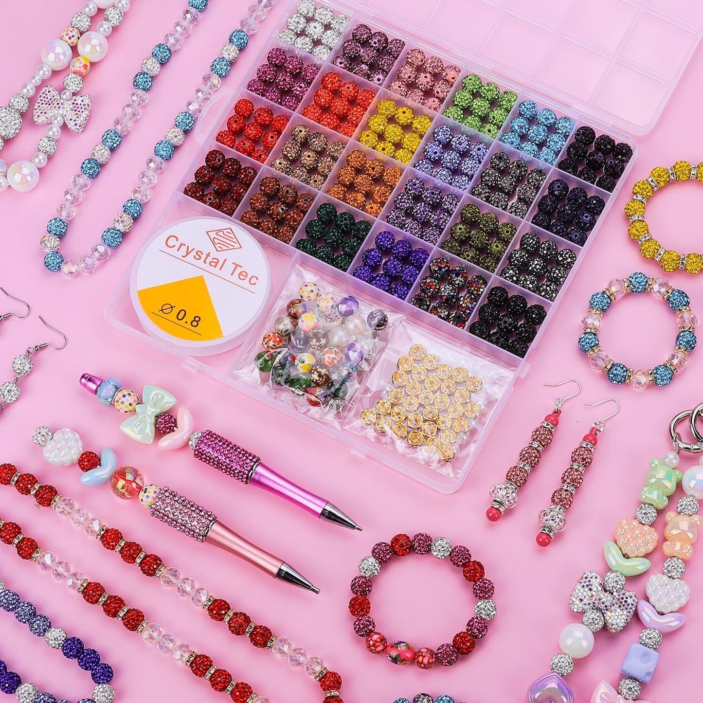 Beads Set, 590 PCS 10mm Round Mixed Color Rhinestone Clay Beads with Pearl and Floral Beads for DIY Bracelets, Necklaces(Fixed Mixed)