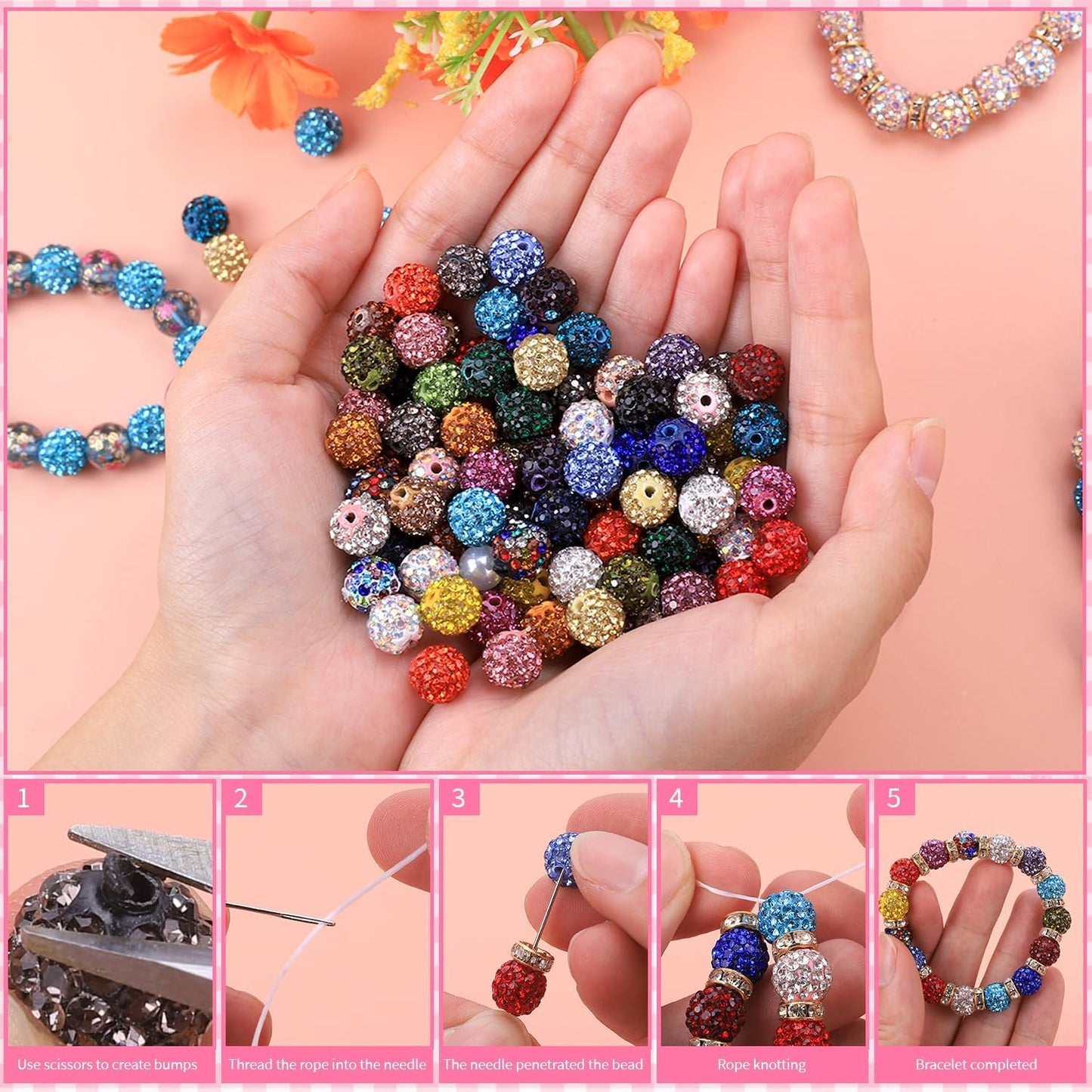 Beads Set, 590 PCS 10mm Round Mixed Color Rhinestone Clay Beads with Pearl and Floral Beads for DIY Bracelets, Necklaces(Fixed Mixed)