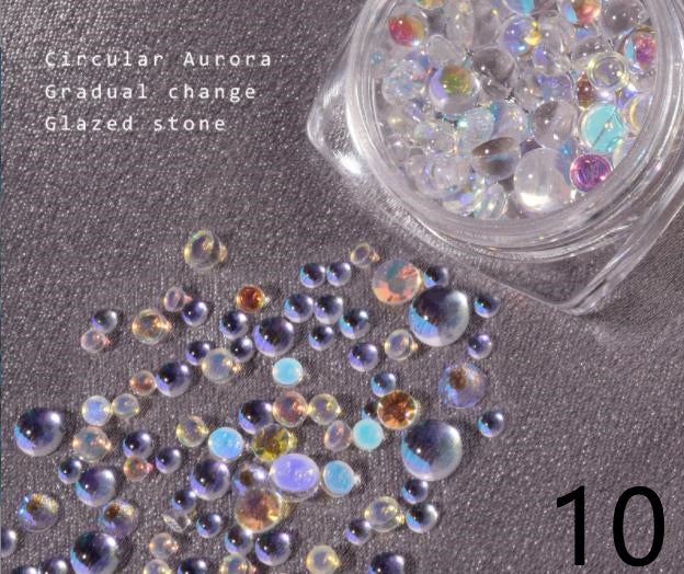 GG020 Mix Color Size Mermaid Rhinestones Flat Back Glass Iridescent 3D Nail Stone Gems with Gold Silver Caviar Beads Balls Set Accessories for Nails Decoration