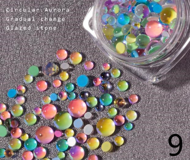 GG020 Mix Color Size Mermaid Rhinestones Flat Back Glass Iridescent 3D Nail Stone Gems with Gold Silver Caviar Beads Balls Set Accessories for Nails Decoration